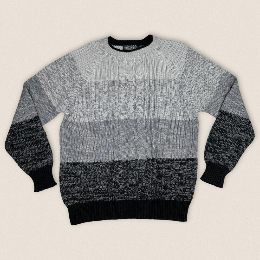 Vintage Striped Sweater Gray Black Color Block Graphix Size Large Acrylic